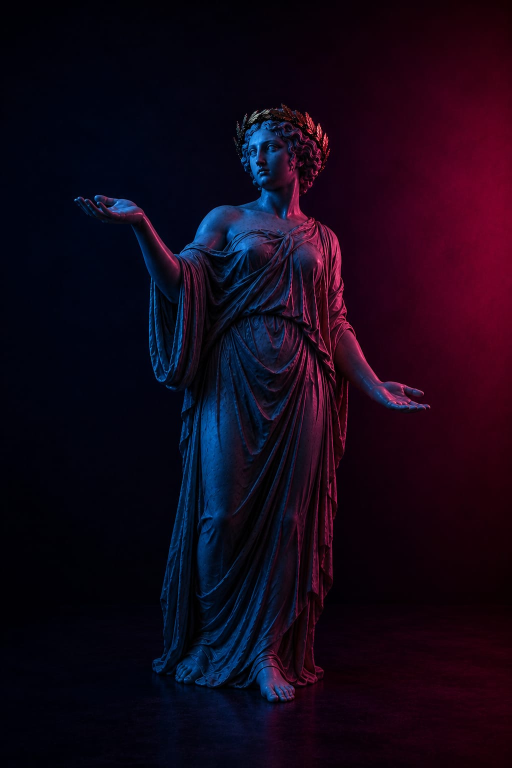 Statue antique en pied, paumes ouvertes, présentant les projets d'Elevora