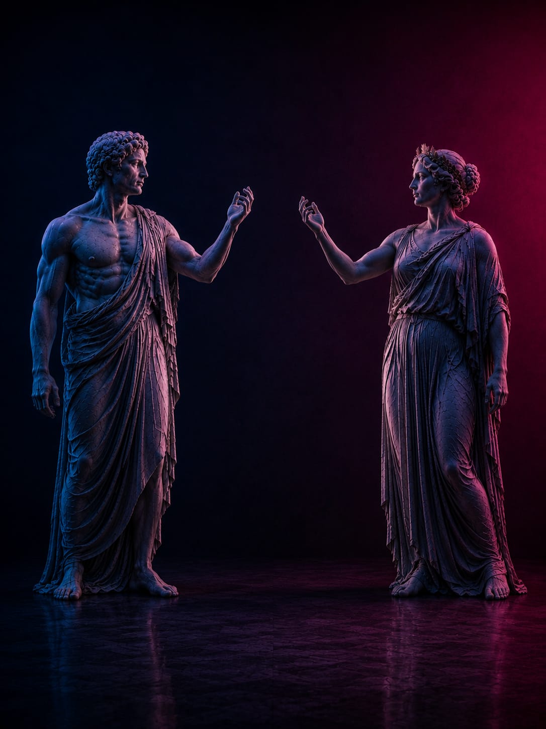 Deux statues antiques face à face, l'une éclairée en bleu, l'autre en framboise, se tendant la main