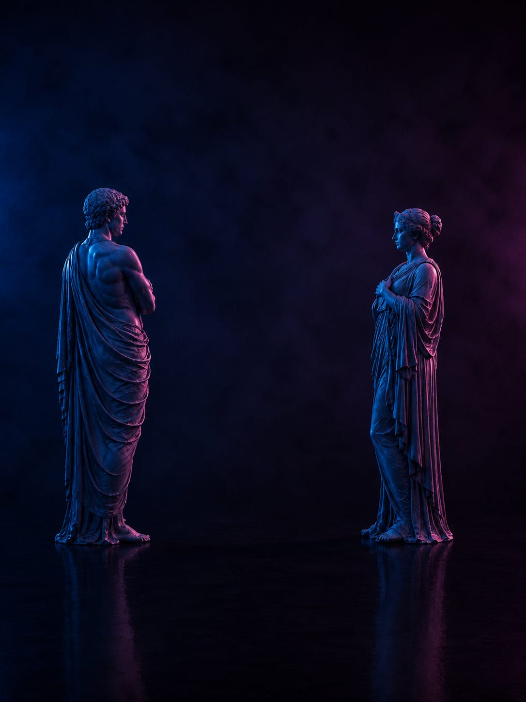 Deux statues antiques se faisant face dans une lumière bleue et framboise