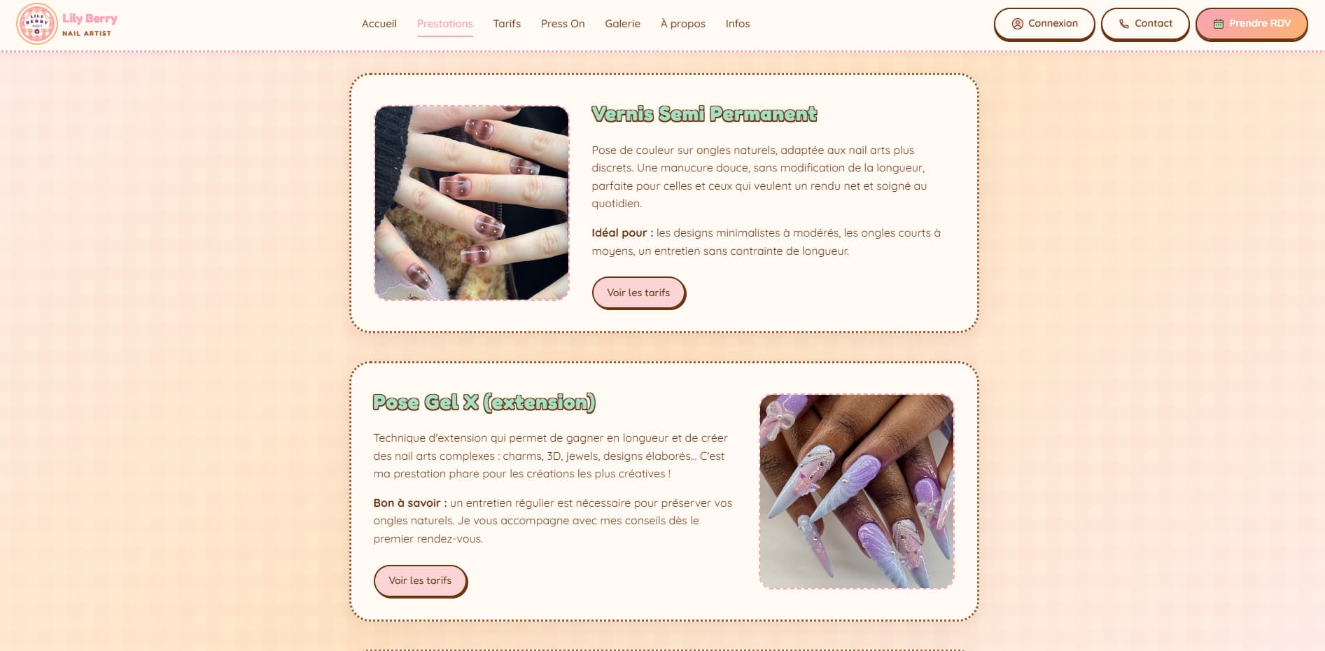 Page prestations du site Lily Berry avec photos et descriptions détaillées