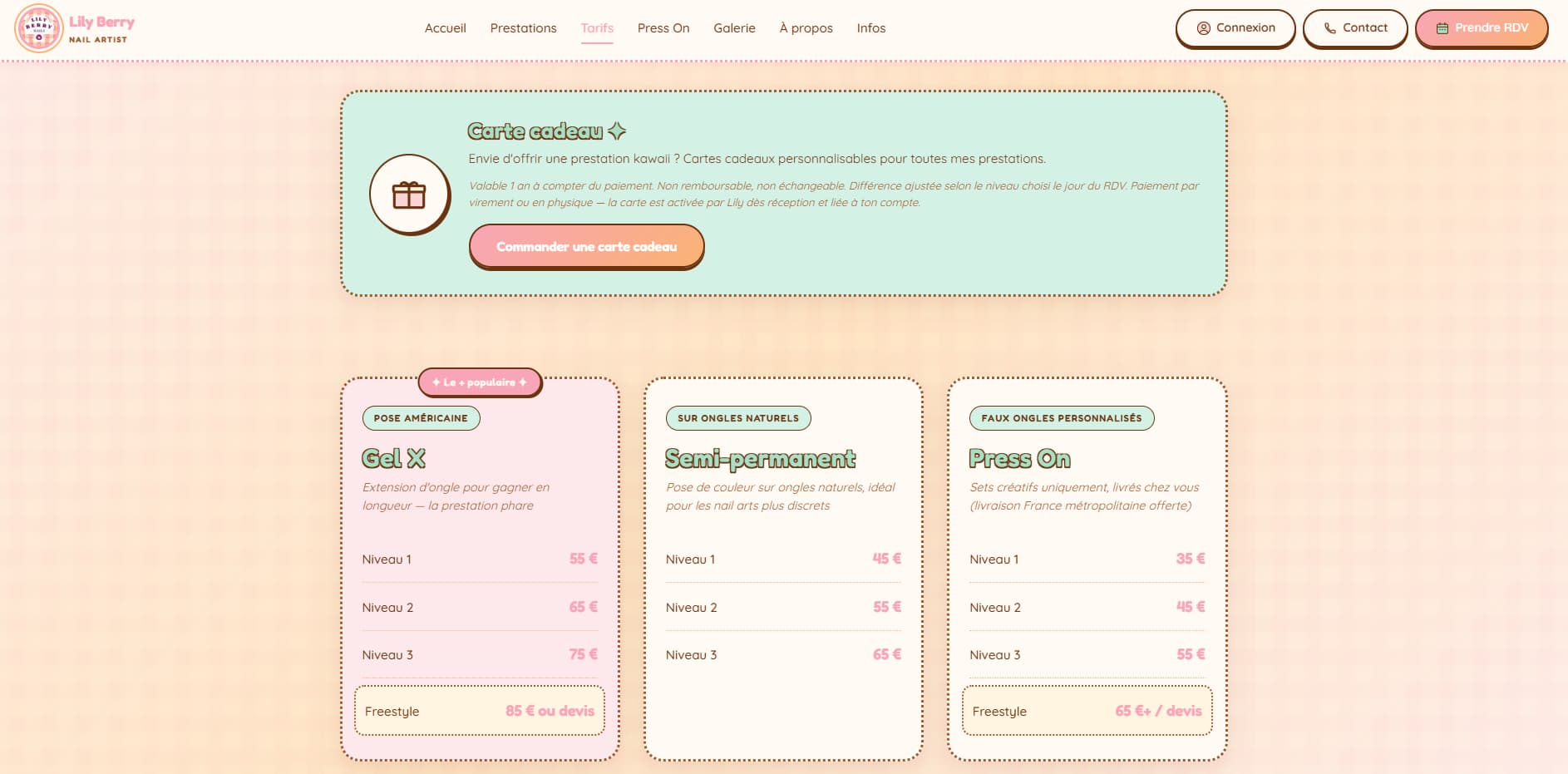 Grille tarifaire du site Lily Berry, trois niveaux par prestation