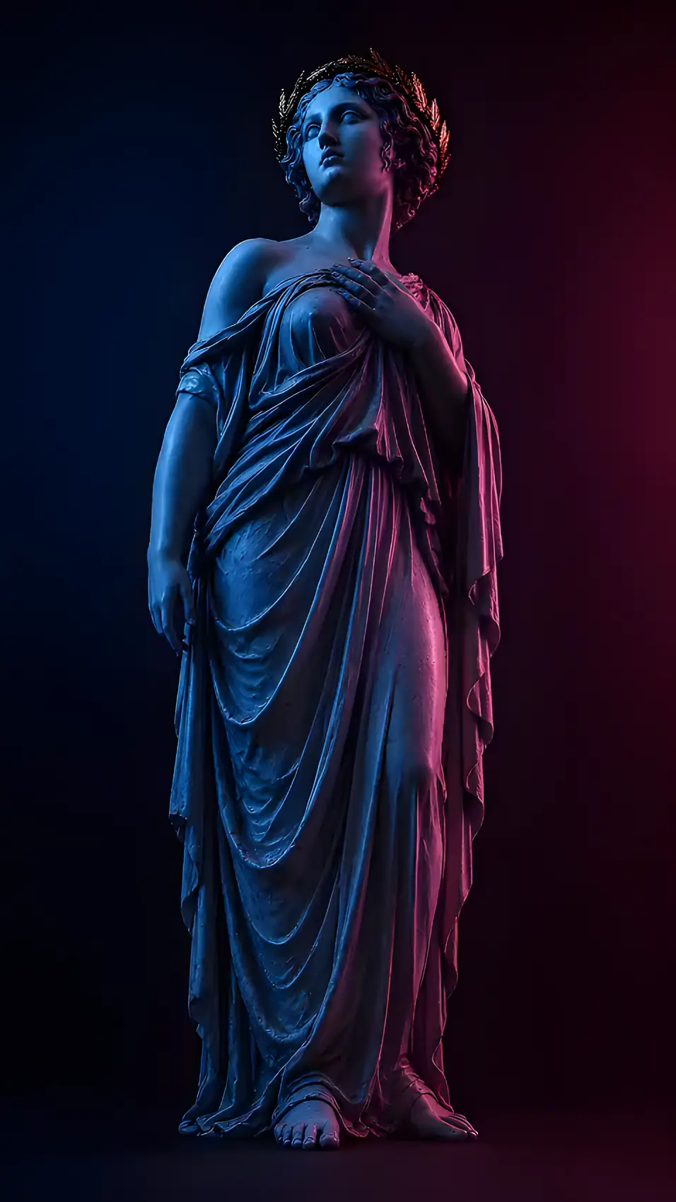 Plan serré sur le visage d'une statue antique au laurier doré, éclairée en bleu et framboise