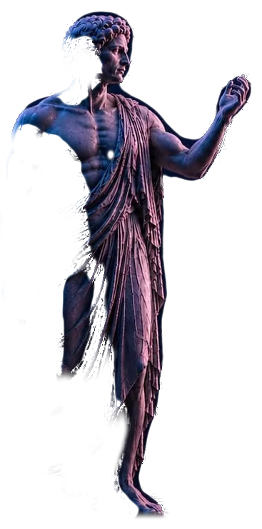 Statue antique d'un homme drapé, le bras tendu vers le centre